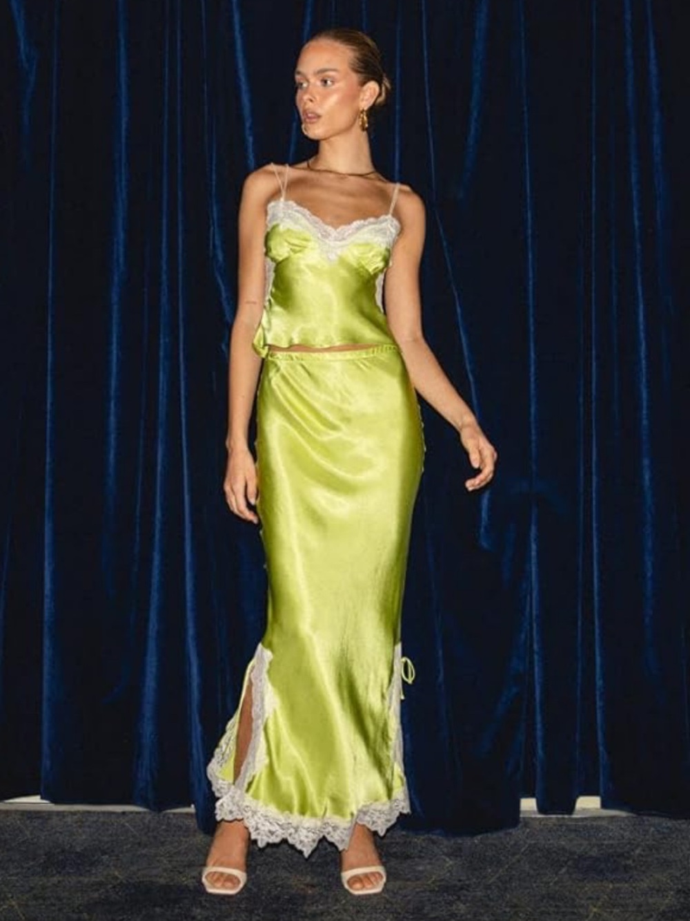 Lime Satin Lace-Trim Slip Set